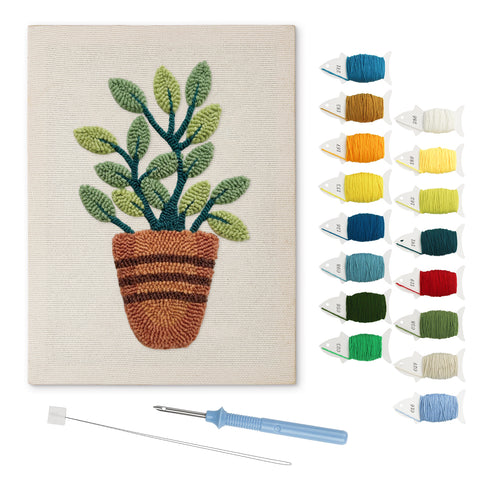 Striped Pot Plant punch needle kit: finished canvas with threads, punch needle and threader