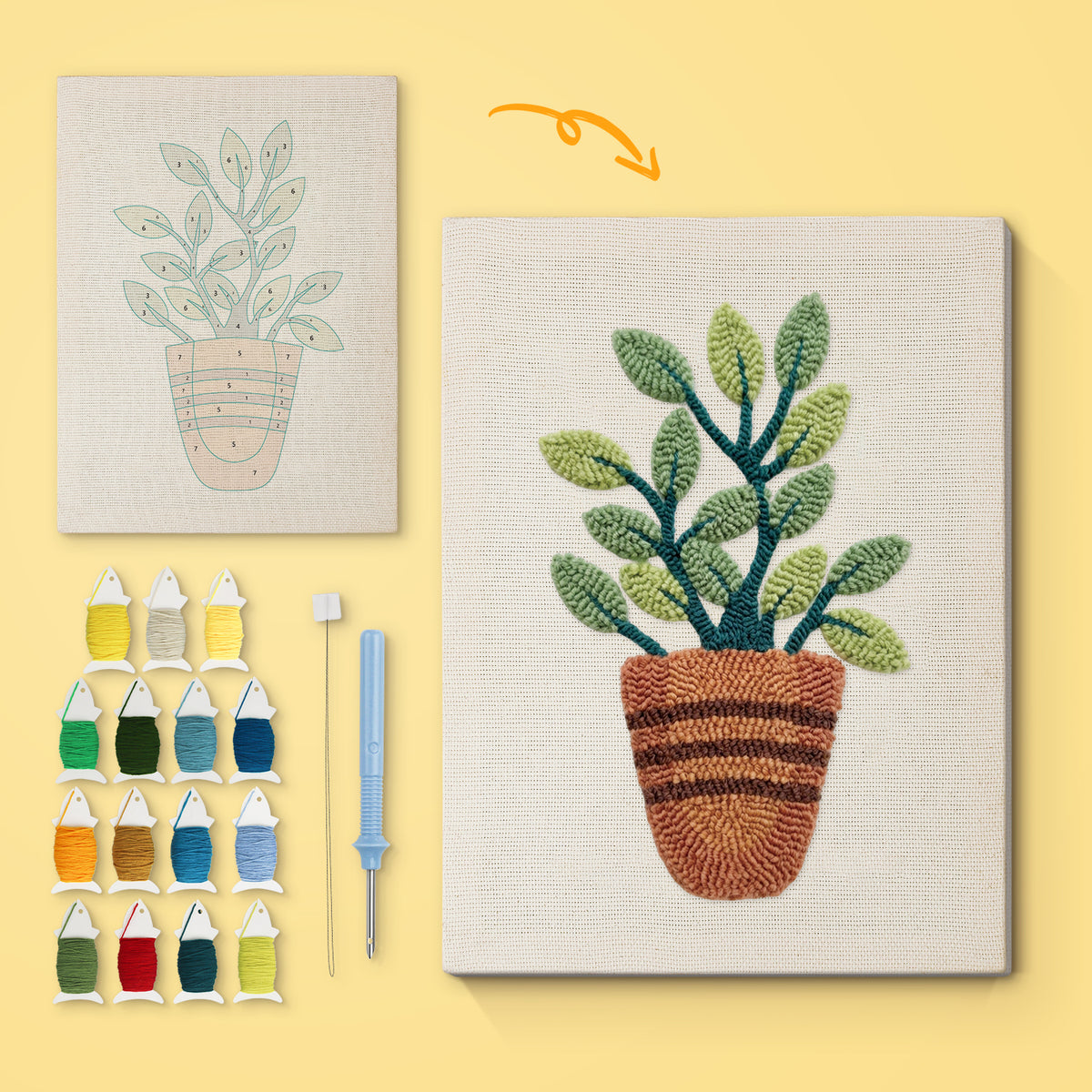 Striped Pot Plant canvas before and after punching, with the threads and tools