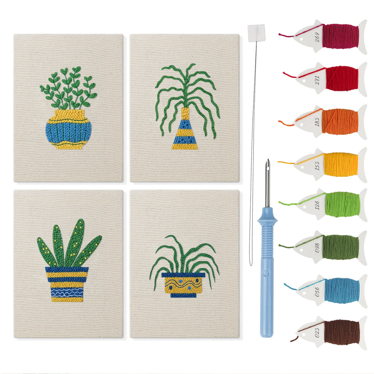 Striped Pot Plants mini punch needle kit set: four finished canvases with threads, punch needle and threader
