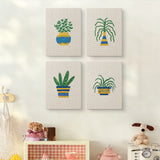 The four Striped Pot Plants mini canvases on a wall above a shelf