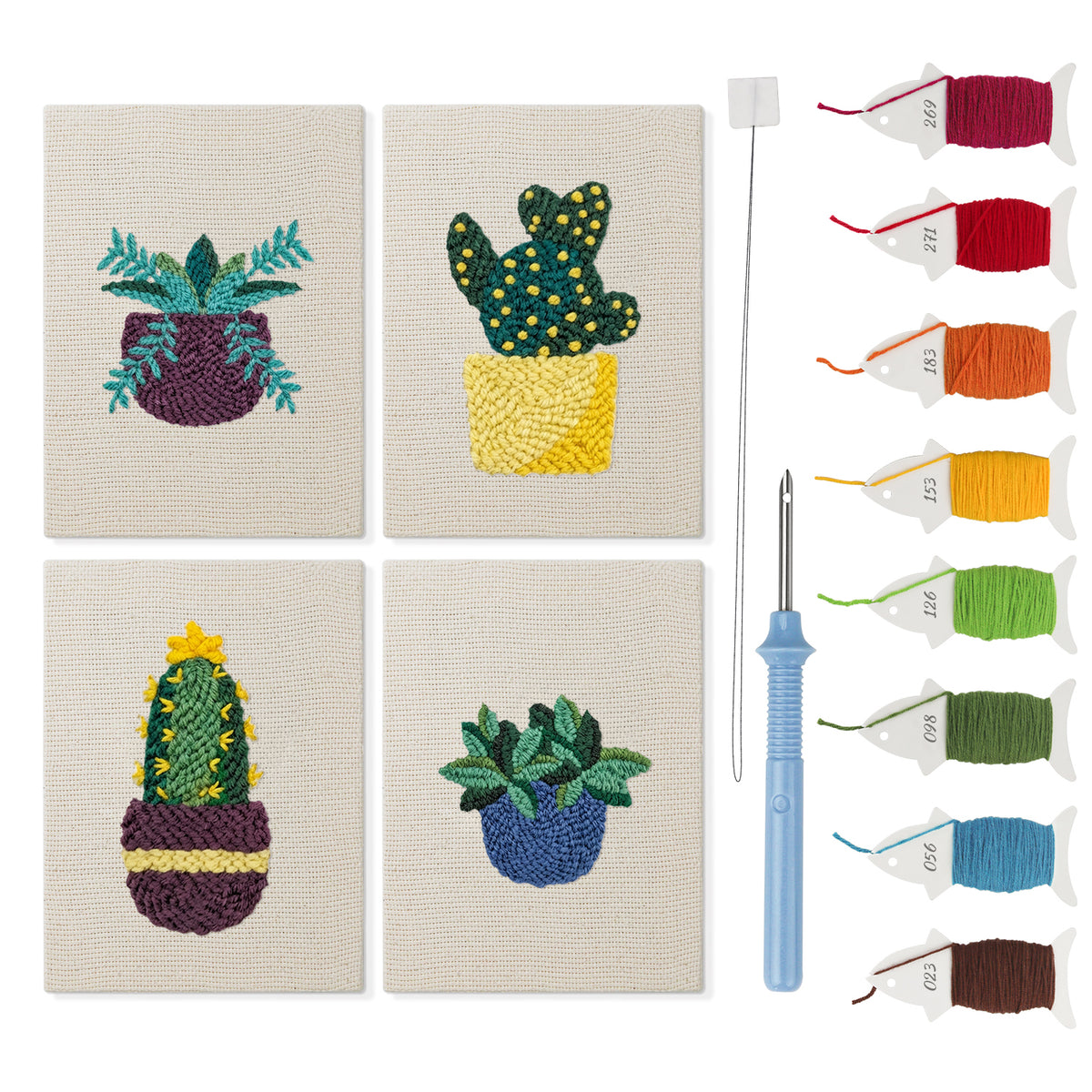 Succulent Shelf mini punch needle kit set: four finished canvases with threads, punch needle and threader