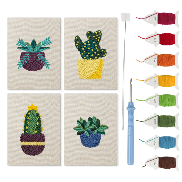 Succulent Shelf mini punch needle kit set: four finished canvases with threads, punch needle and threader
