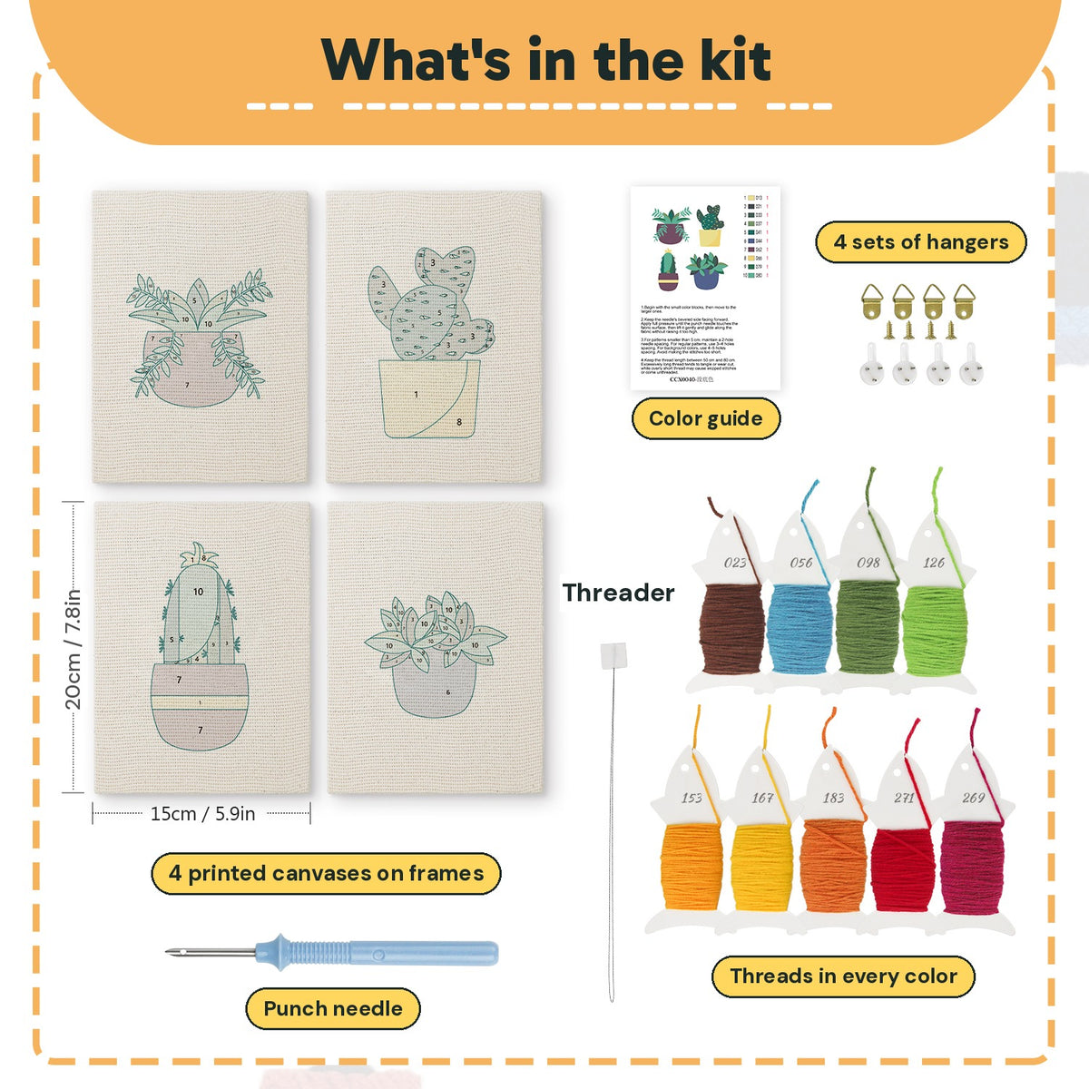What is in the Succulent Shelf set: 4 printed canvases, punch needle, threader, threads, color guide and 4 sets of hangers (6 × 8 in (15 × 20 cm) each)