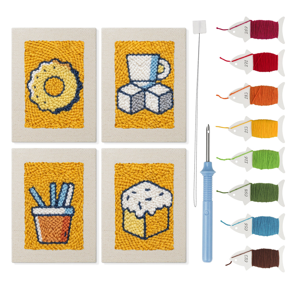 Sugar Cube Donut mini punch needle kit set: four finished canvases with threads, punch needle and threader