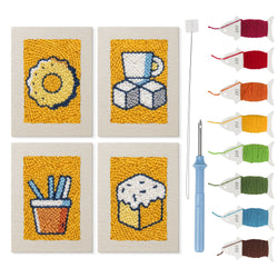 Sugar Cube Donut mini punch needle kit set: four finished canvases with threads, punch needle and threader