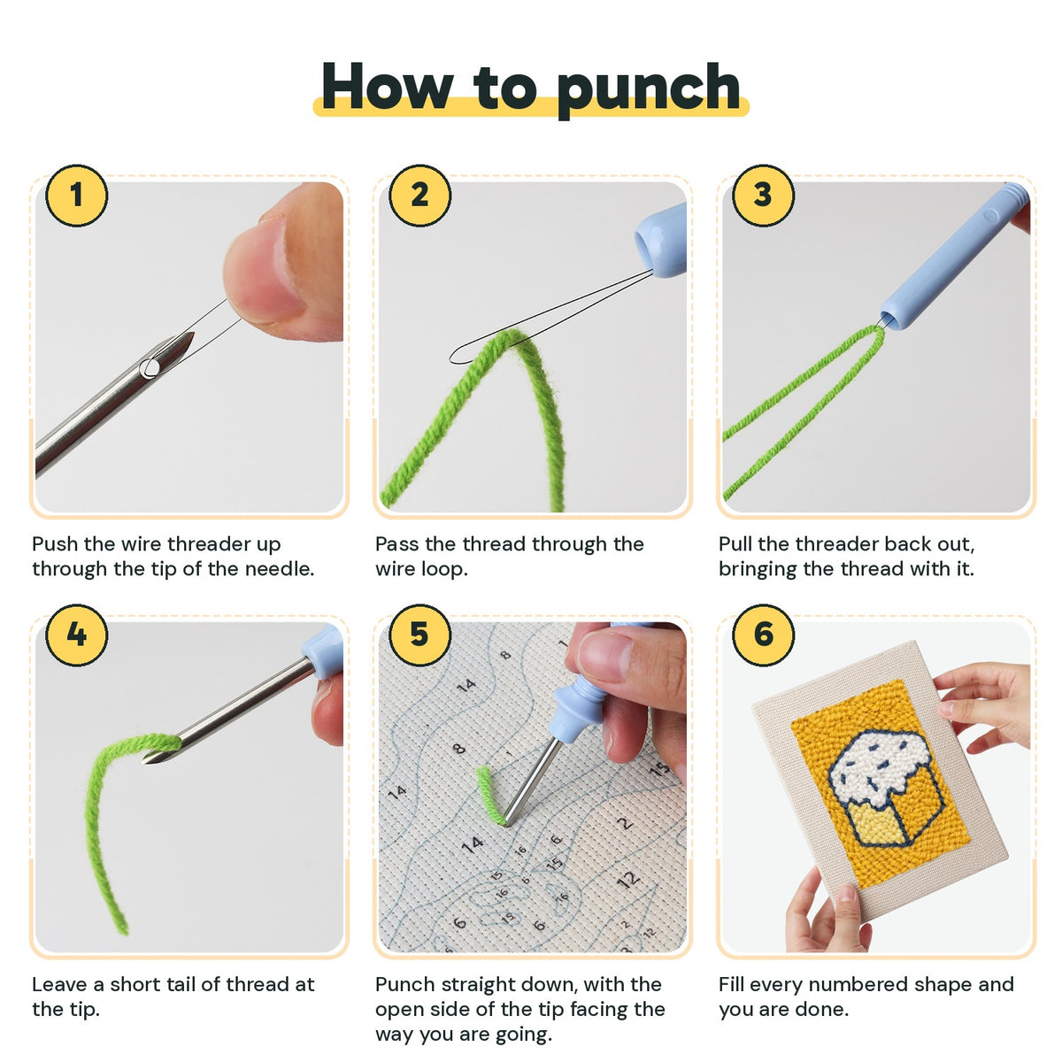 Six steps showing how to thread and use the punch needle