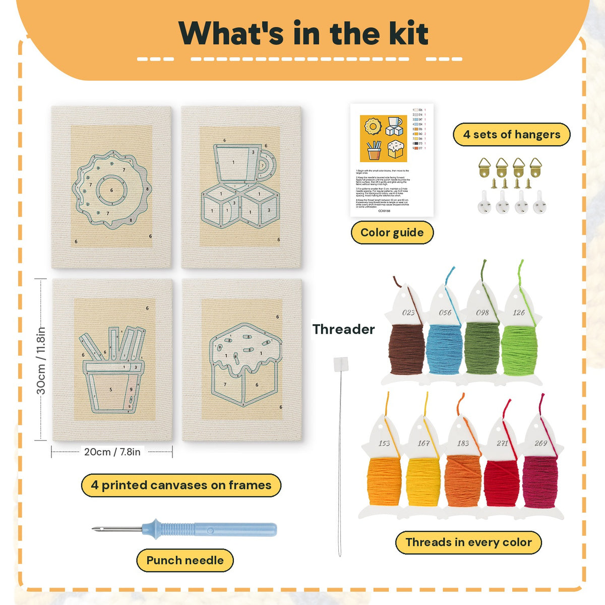 What is in the Sugar Cube Donut set, 8 × 12 in (20 × 30 cm) each: 4 printed canvases, punch needle, threader, threads, color guide and 4 sets of hangers