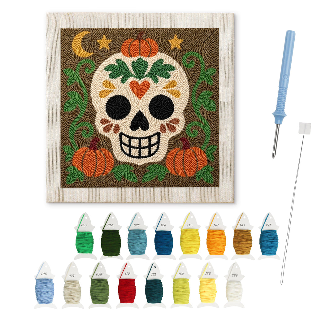 Sugar Skull Pumpkin Patch punch needle kit: finished canvas with threads, punch needle and threader