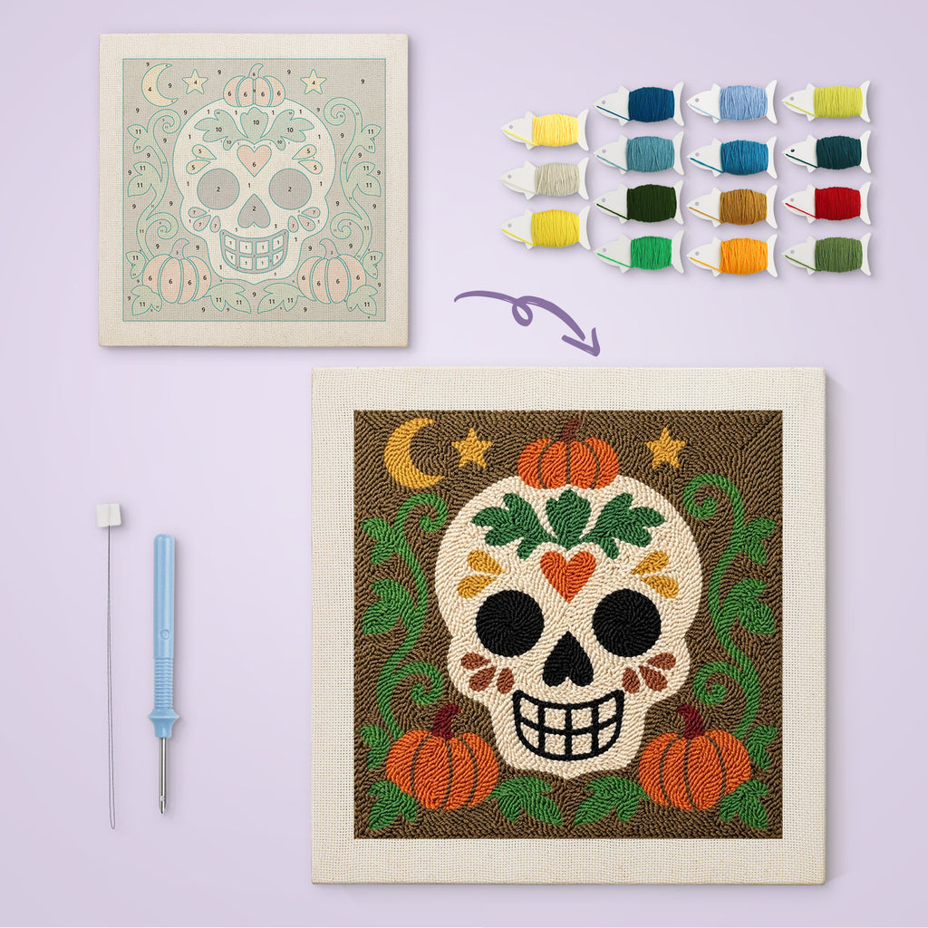 Sugar Skull Pumpkin Patch canvas before and after punching, with the threads and tools