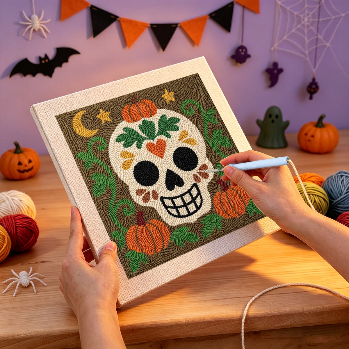 Punching the Sugar Skull Pumpkin Patch design with the punch needle