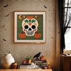 Finished Sugar Skull Pumpkin Patch punch needle canvas on a wall