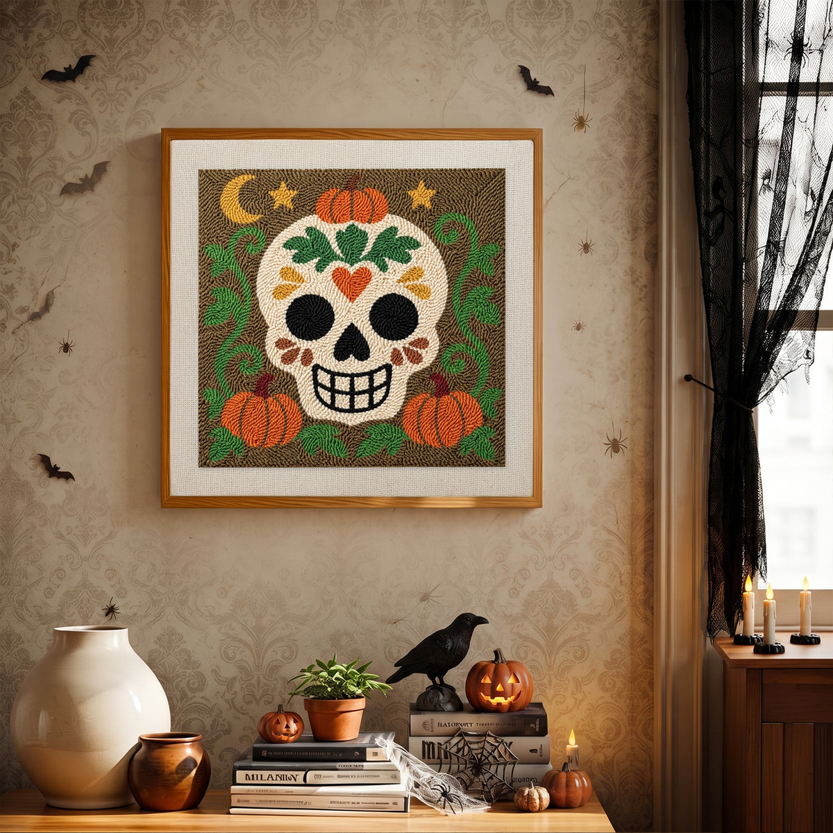Finished Sugar Skull Pumpkin Patch punch needle canvas on a wall