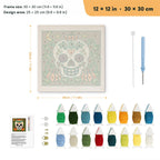 Sugar Skull Pumpkin Patch punch needle kit, 12 × 12 in (30 × 30 cm): canvas size and kit contents
