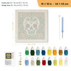 Sugar Skull Pumpkin Patch punch needle kit, 16 × 16 in (40 × 40 cm): canvas size and kit contents