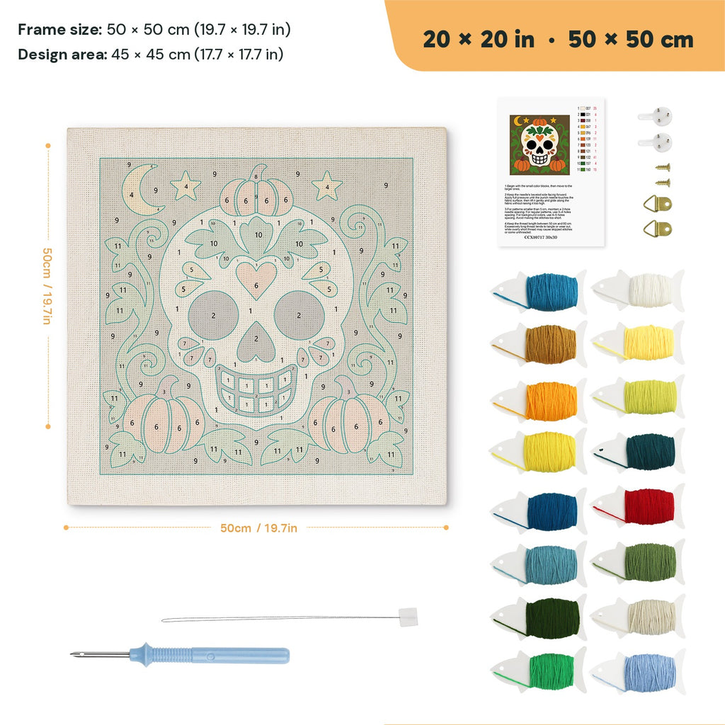 Sugar Skull Pumpkin Patch punch needle kit, 20 × 20 in (50 × 50 cm): canvas size and kit contents