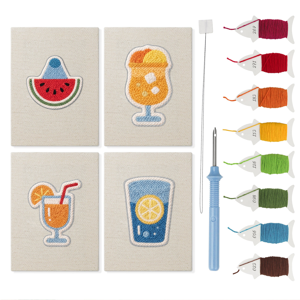 Summer Coolers mini punch needle kit set: four finished canvases with threads, punch needle and threader