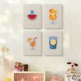 The four Summer Coolers mini canvases on a wall above a shelf