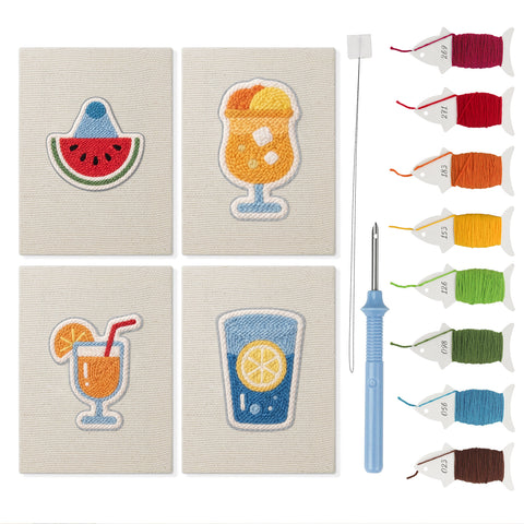 Summer Coolers mini punch needle kit set: four finished canvases with threads, punch needle and threader