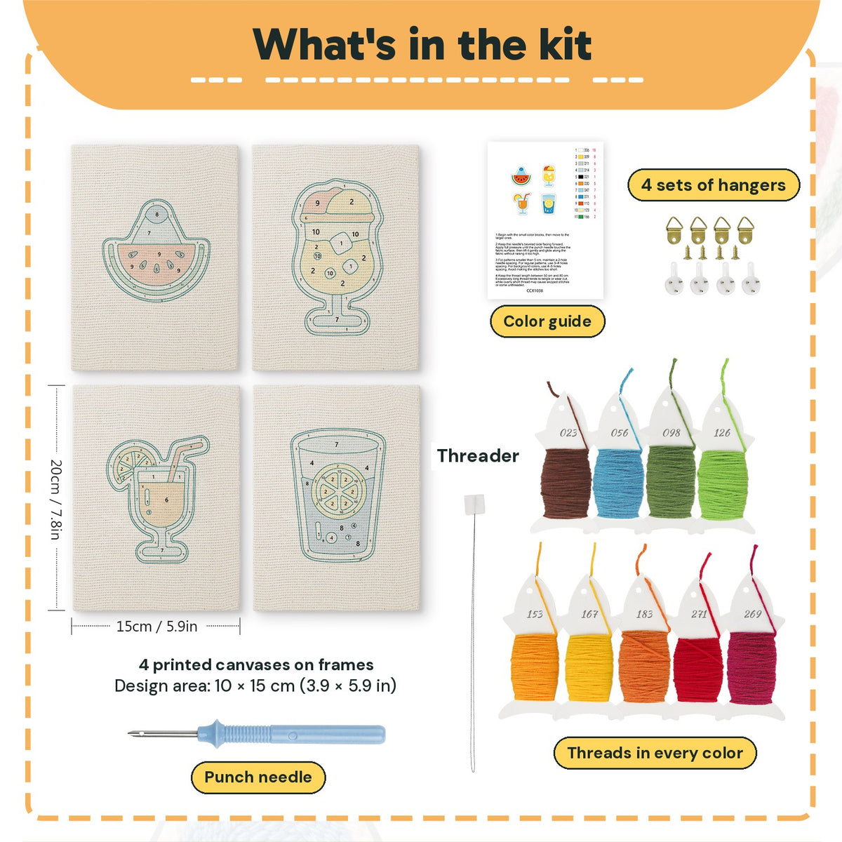 What is in the Summer Coolers set: 4 printed canvases, punch needle, threader, threads, color guide and 4 sets of hangers (6 × 8 in (15 × 20 cm) each)