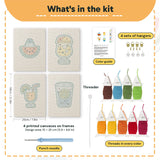 What is in the Summer Coolers set, 8 × 12 in (20 × 30 cm) each: 4 printed canvases, punch needle, threader, threads, color guide and 4 sets of hangers