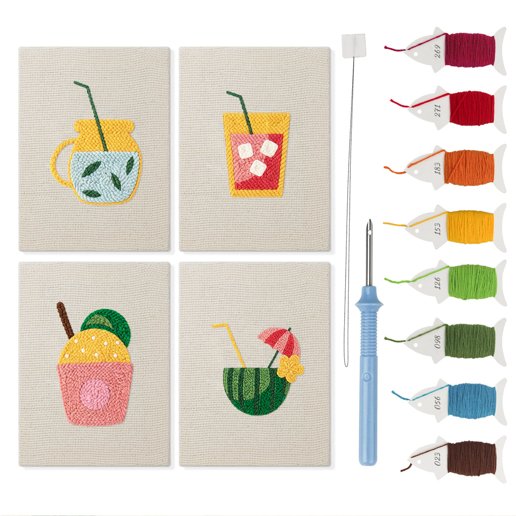 Summer Sips mini punch needle kit set: four finished canvases with threads, punch needle and threader