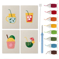 Summer Sips mini punch needle kit set: four finished canvases with threads, punch needle and threader