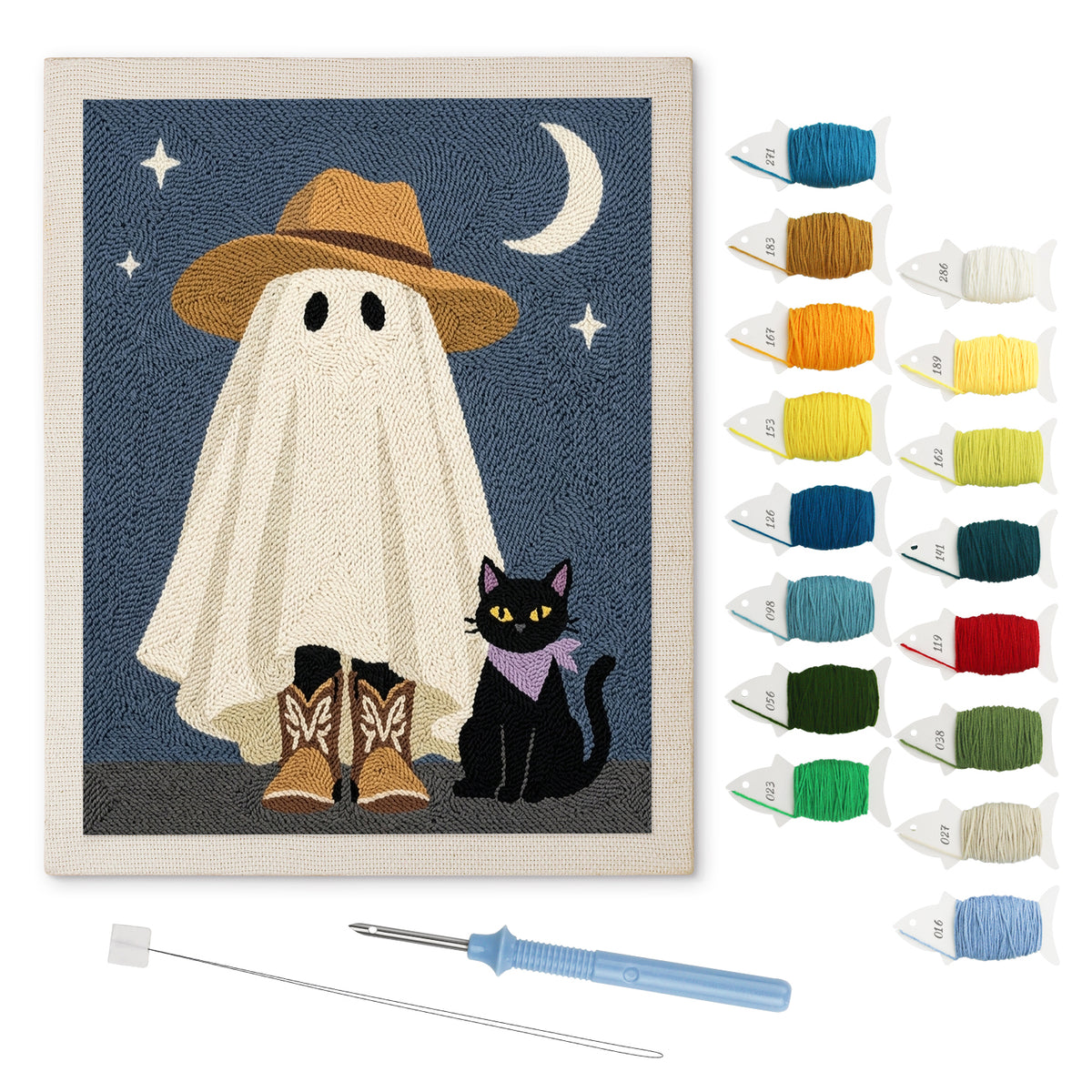 Sun Hat Ghost punch needle kit: finished canvas with threads, punch needle and threader