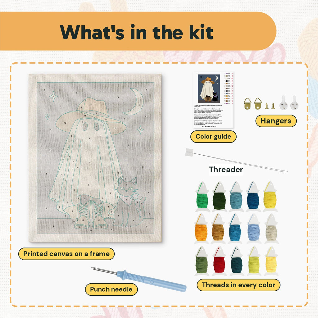 What is in the Sun Hat Ghost kit: printed canvas, punch needle, threader, threads, color guide and hangers