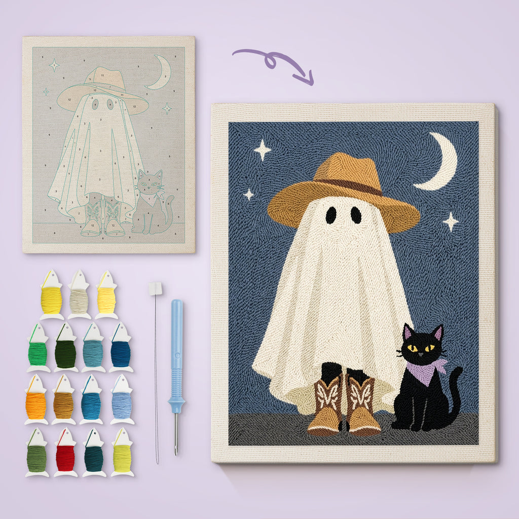 Sun Hat Ghost canvas before and after punching, with the threads and tools