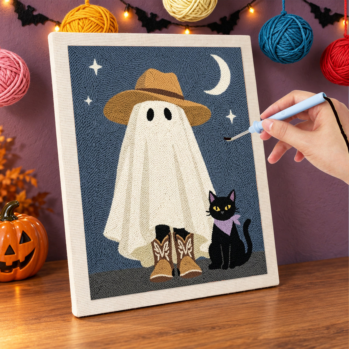 Punching the Sun Hat Ghost design with the punch needle