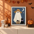 Finished Sun Hat Ghost punch needle canvas on a wall
