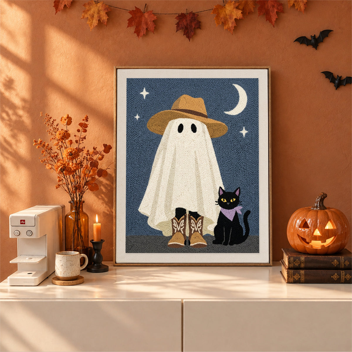Finished Sun Hat Ghost punch needle canvas on a wall