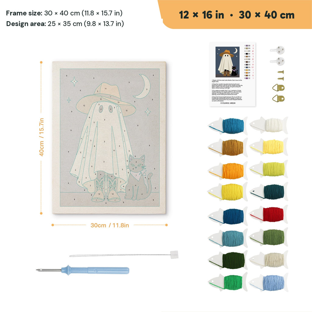 Sun Hat Ghost punch needle kit, 12 × 16 in (30 × 40 cm): canvas size and kit contents