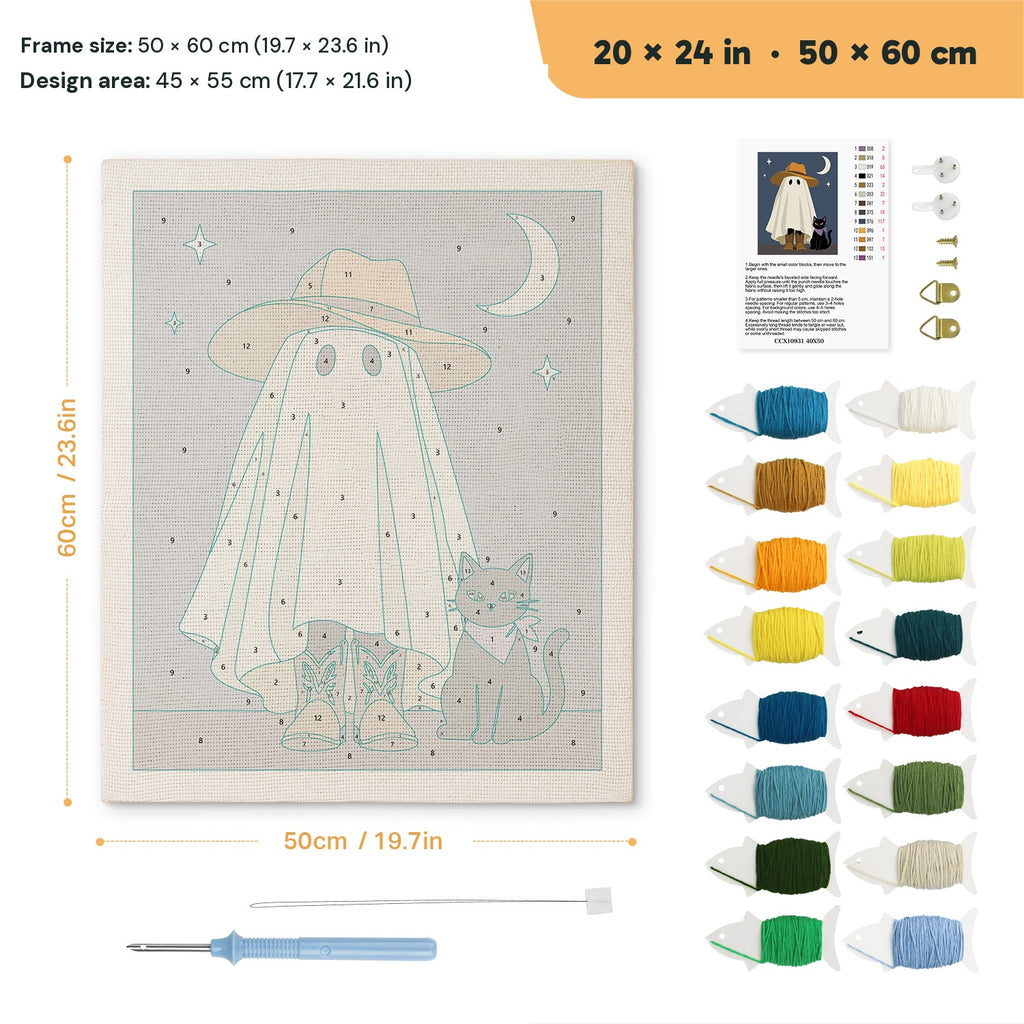 Sun Hat Ghost punch needle kit, 20 × 24 in (50 × 60 cm): canvas size and kit contents