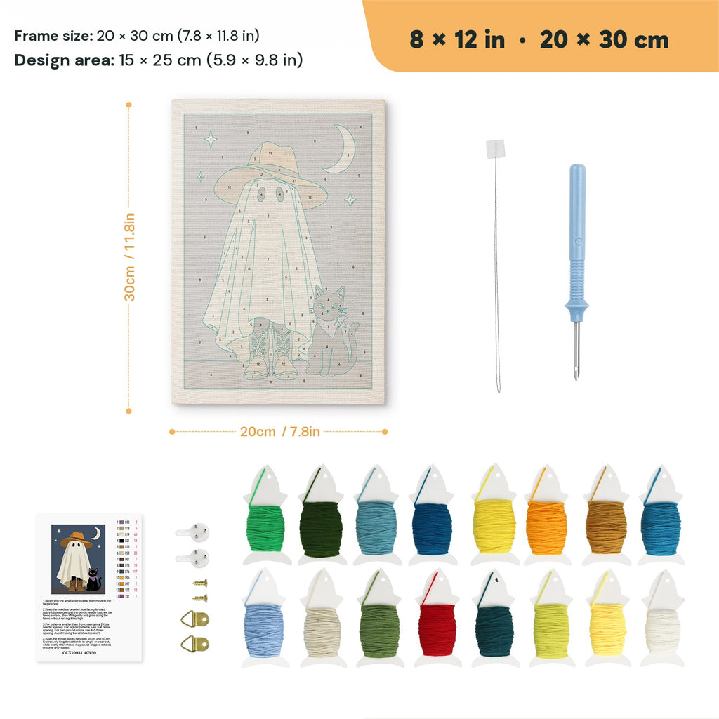 Sun Hat Ghost punch needle kit, 8 × 12 in (20 × 30 cm): canvas size and kit contents