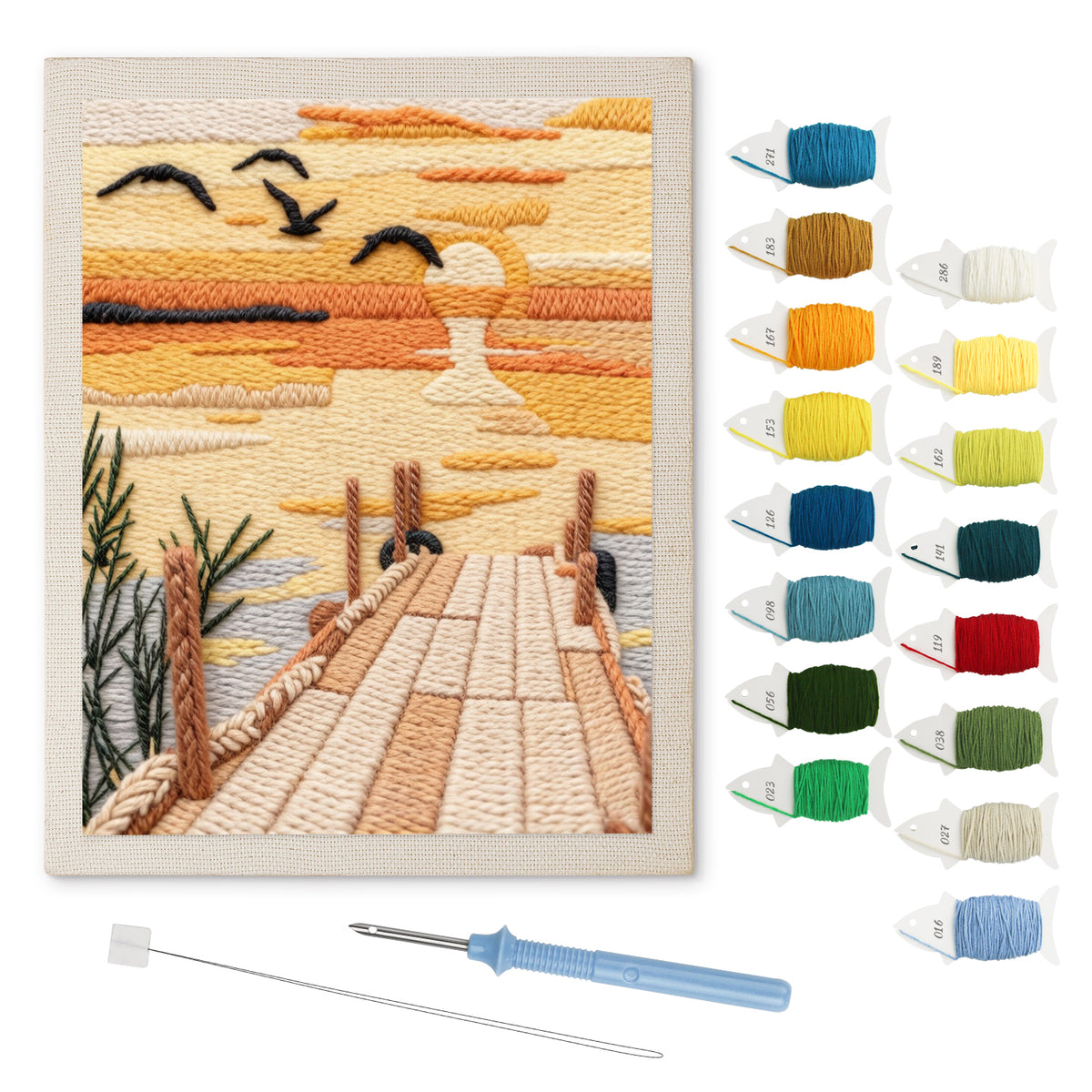 Sundown Pier punch needle kit: finished canvas with threads, punch needle and threader