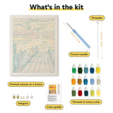 What is in the Sundown Pier kit: printed canvas, punch needle, threader, threads, color guide and hangers