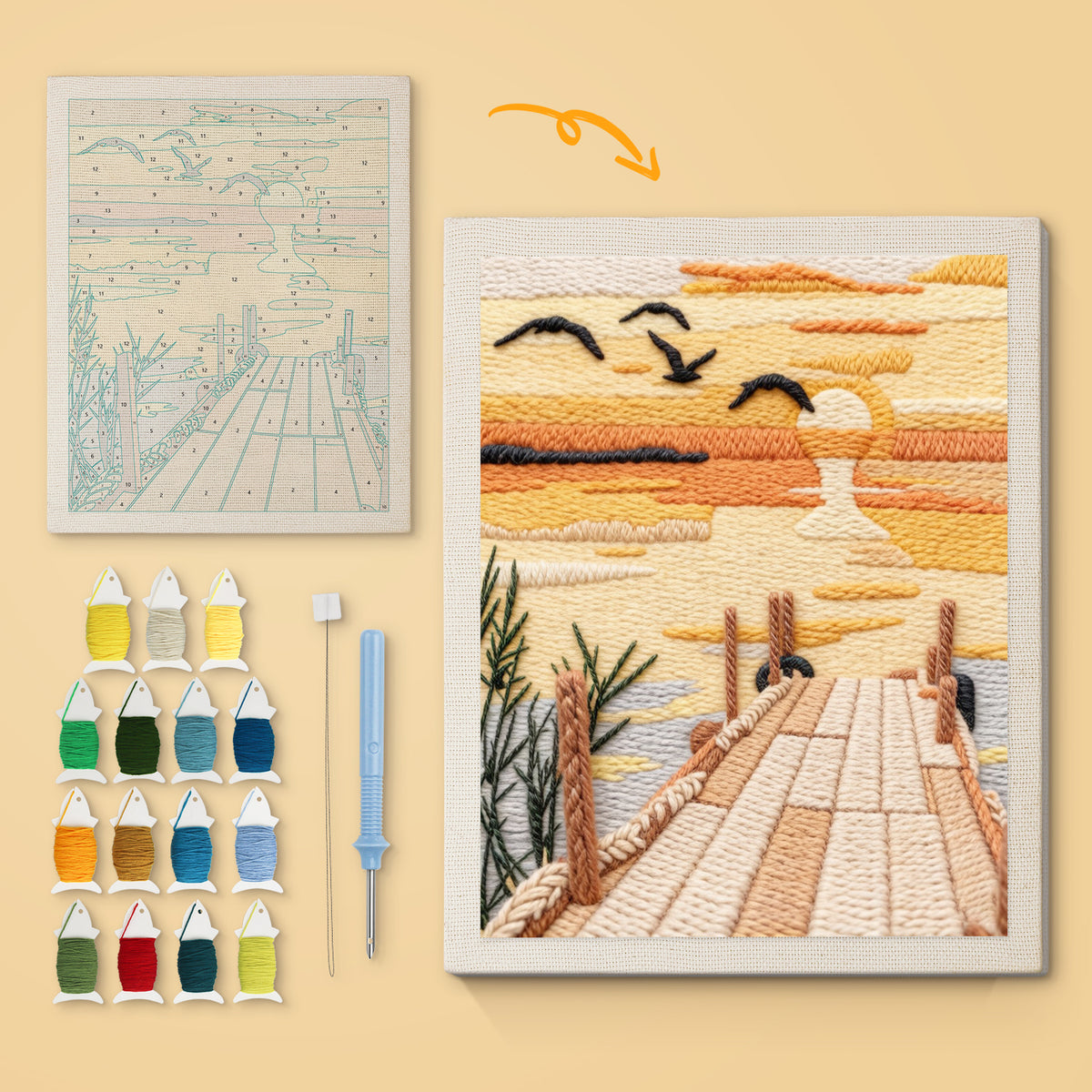 Sundown Pier canvas before and after punching, with the threads and tools