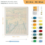 Sundown Pier punch needle kit, 20 × 24 in (50 × 60 cm): canvas size and kit contents
