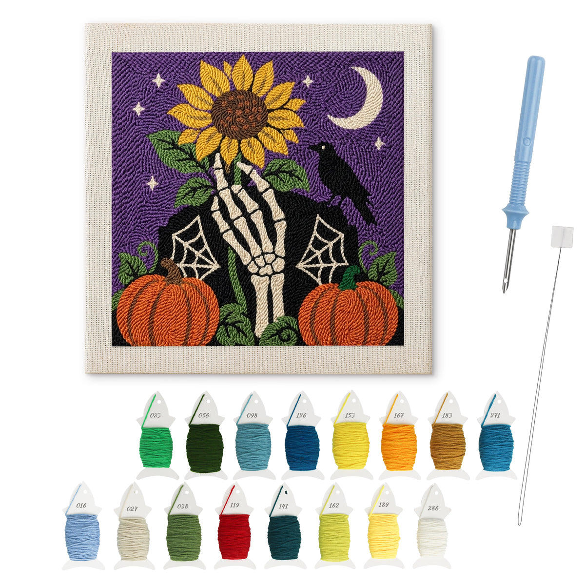 Sunflower Bone Hand punch needle kit: finished canvas with threads, punch needle and threader