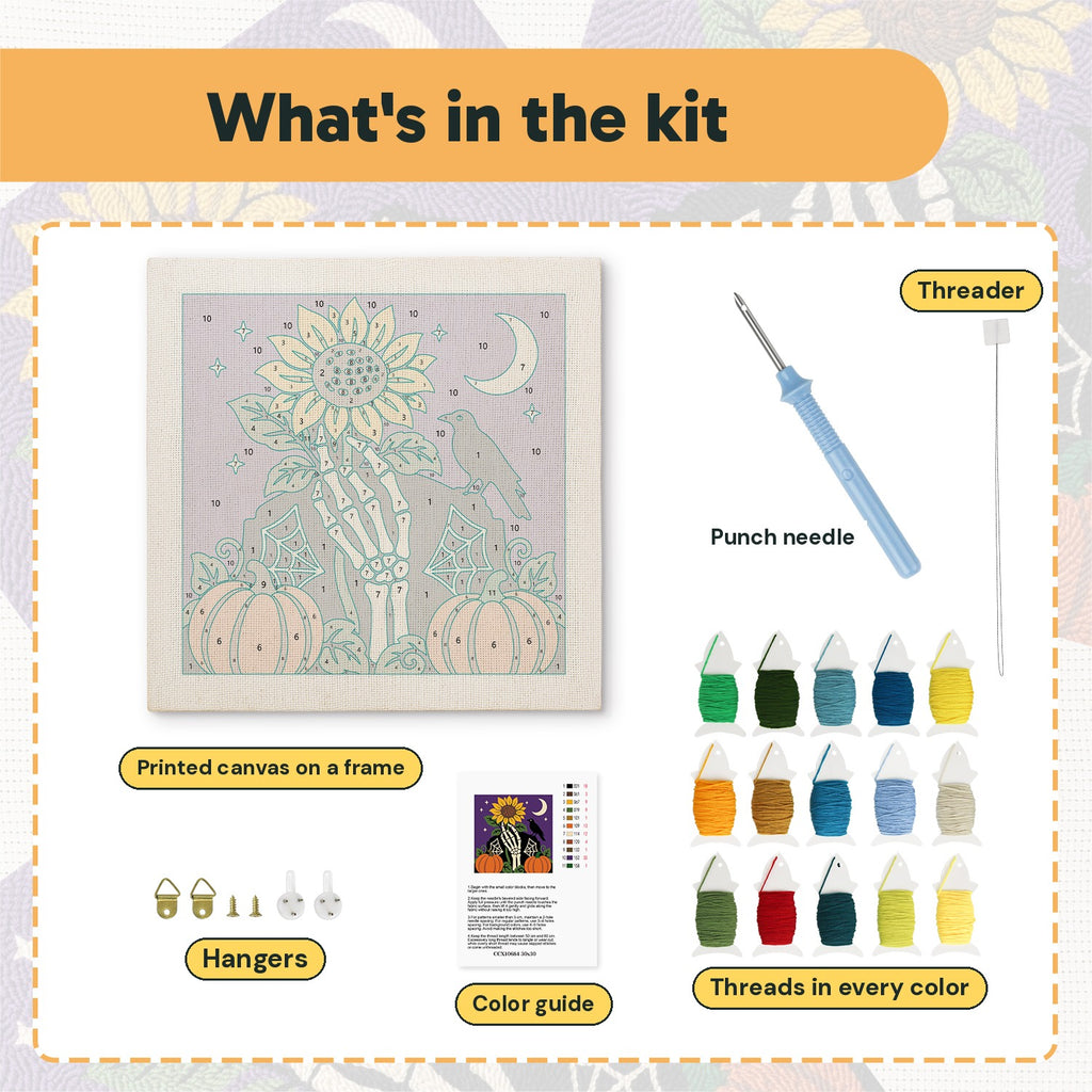 What is in the Sunflower Bone Hand kit: printed canvas, punch needle, threader, threads, color guide and hangers