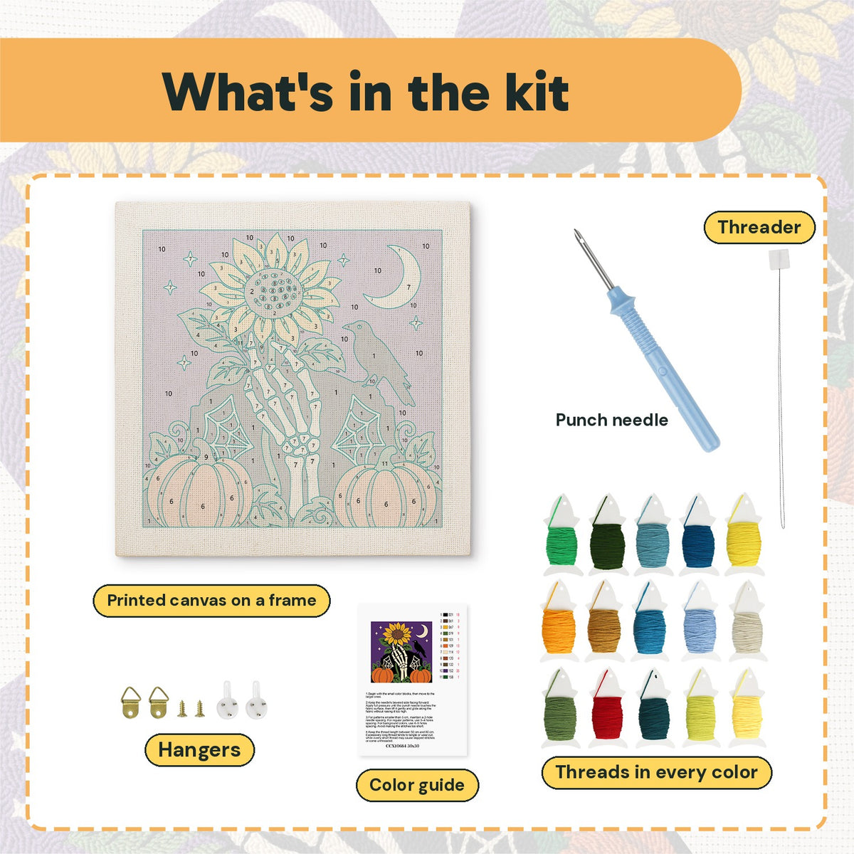 What is in the Sunflower Bone Hand kit: printed canvas, punch needle, threader, threads, color guide and hangers