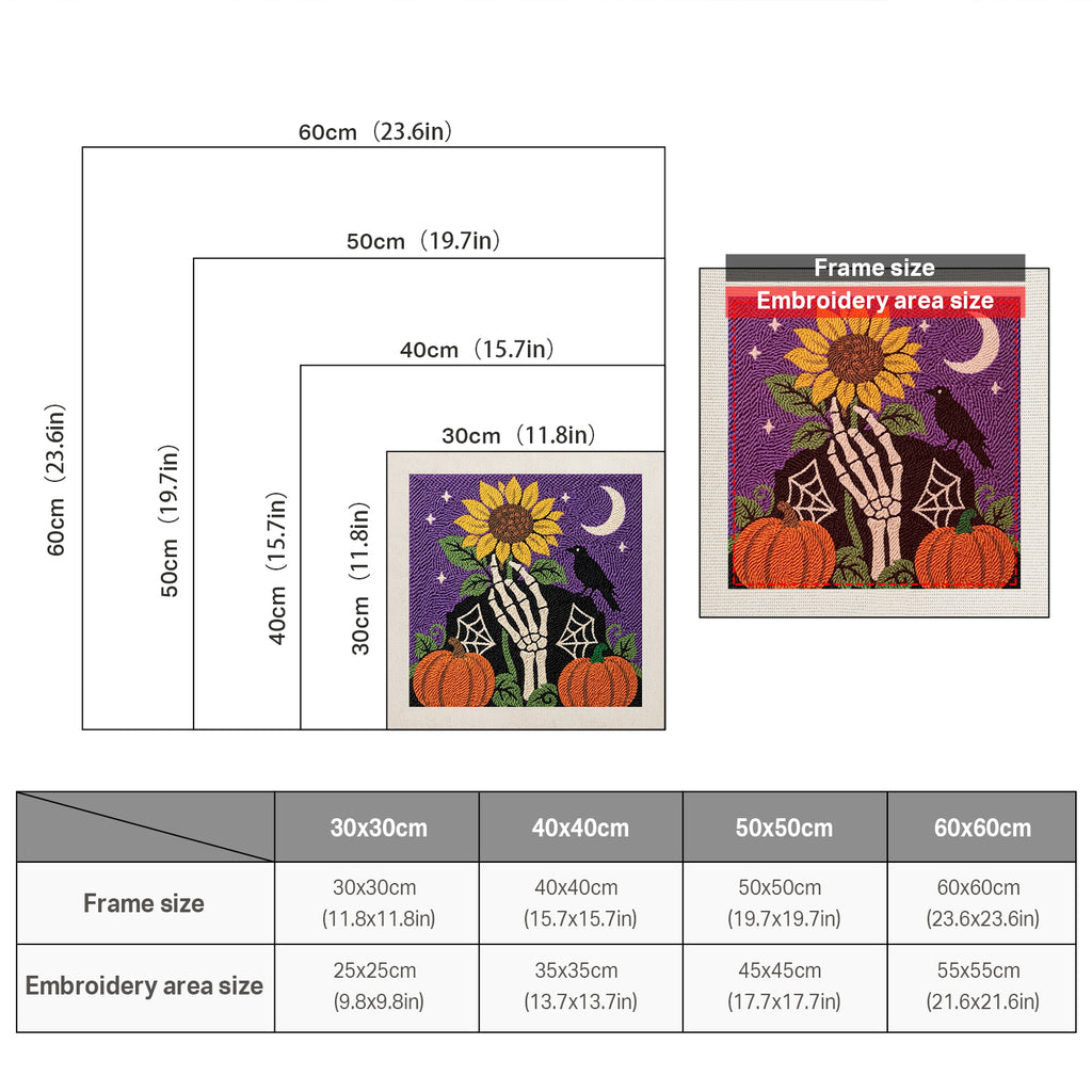 Size chart for square punch needle kits from 30 x 30 cm to 60 x 60 cm