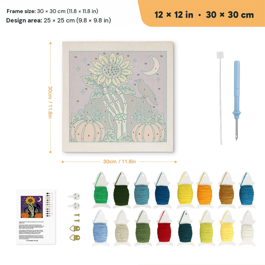 Sunflower Bone Hand punch needle kit, 12 × 12 in (30 × 30 cm): canvas size and kit contents