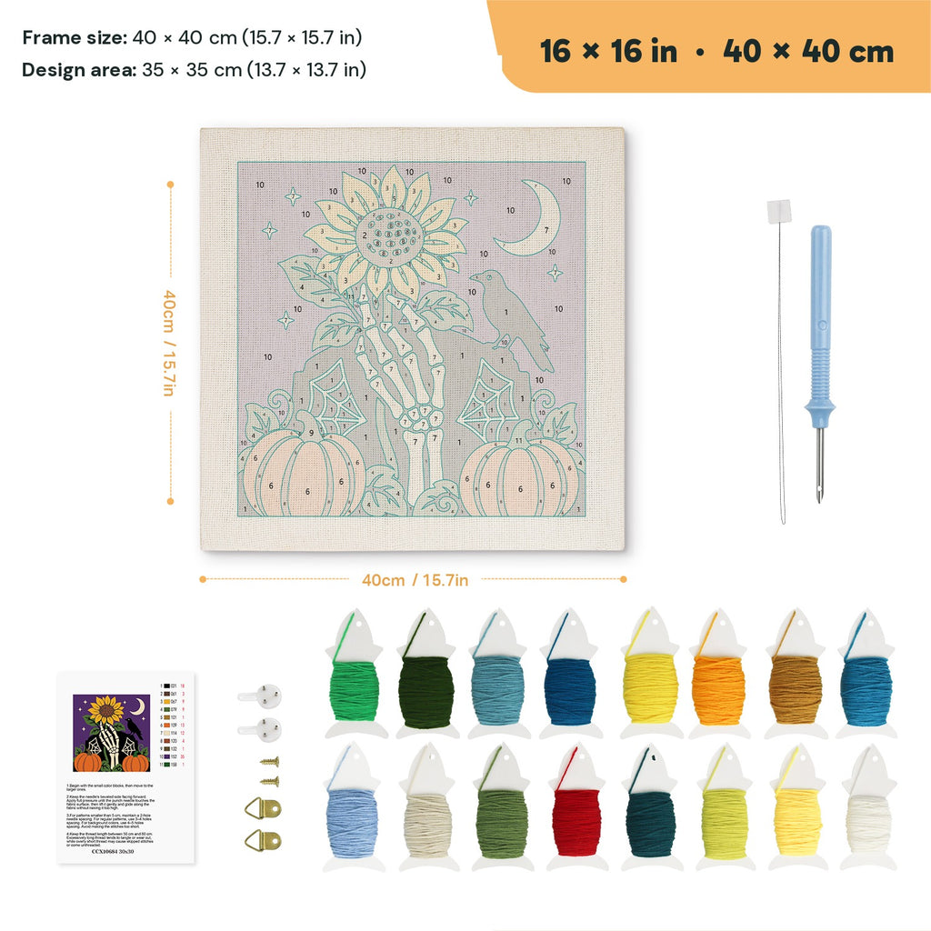 Sunflower Bone Hand punch needle kit, 16 × 16 in (40 × 40 cm): canvas size and kit contents