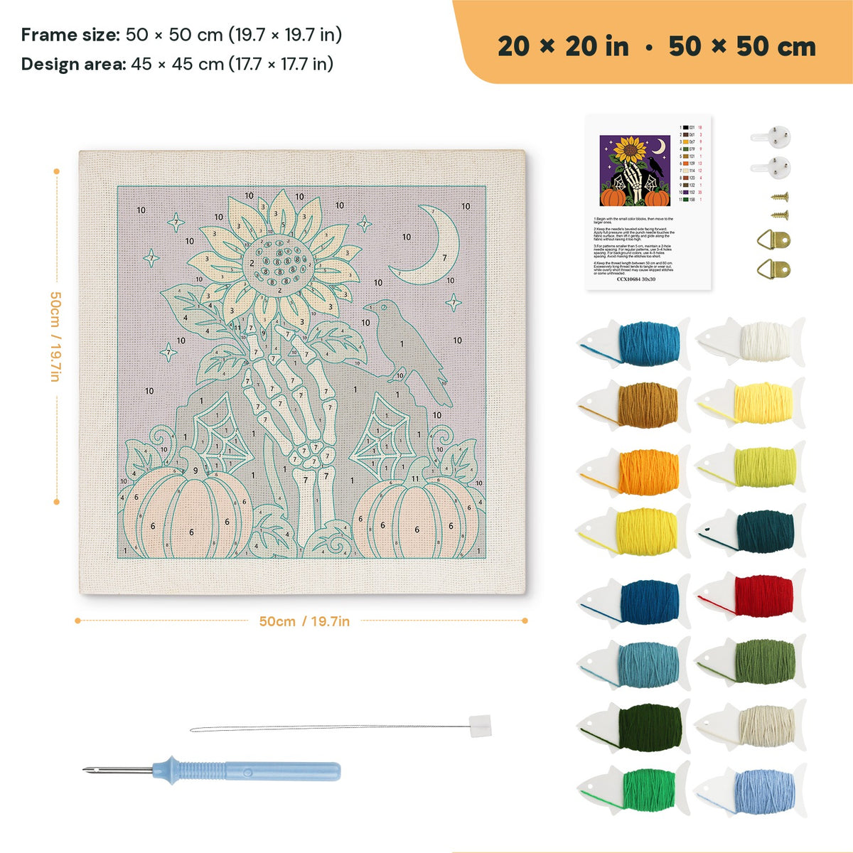 Sunflower Bone Hand punch needle kit, 20 × 20 in (50 × 50 cm): canvas size and kit contents