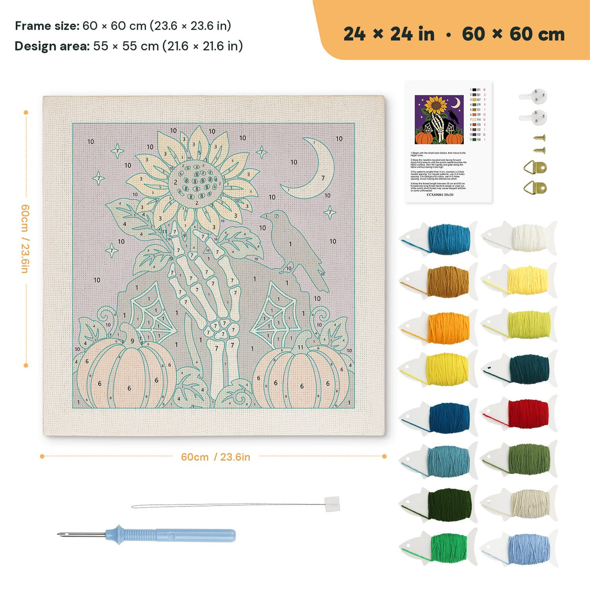 Sunflower Bone Hand punch needle kit, 24 × 24 in (60 × 60 cm): canvas size and kit contents