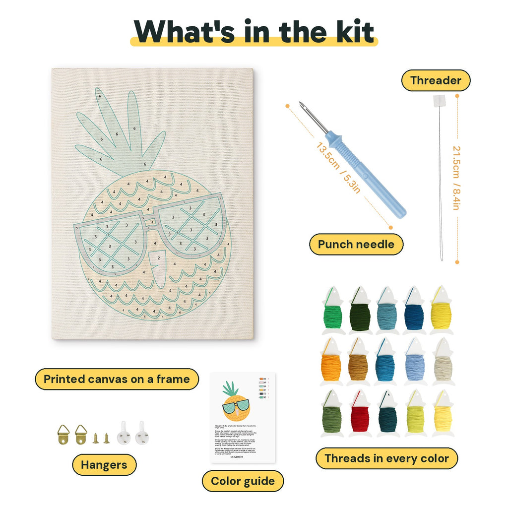 What is in the Sunglasses Pineapple kit: printed canvas, punch needle, threader, threads, color guide and hangers