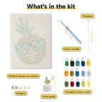 What is in the Sunglasses Pineapple kit: printed canvas, punch needle, threader, threads, color guide and hangers