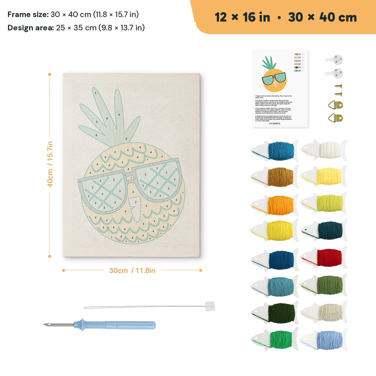 Sunglasses Pineapple punch needle kit, 12 × 16 in (30 × 40 cm): canvas size and kit contents